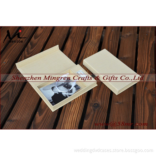 Linen Wooden Photo Box with space for usb flash drive,Magnet hinged lid